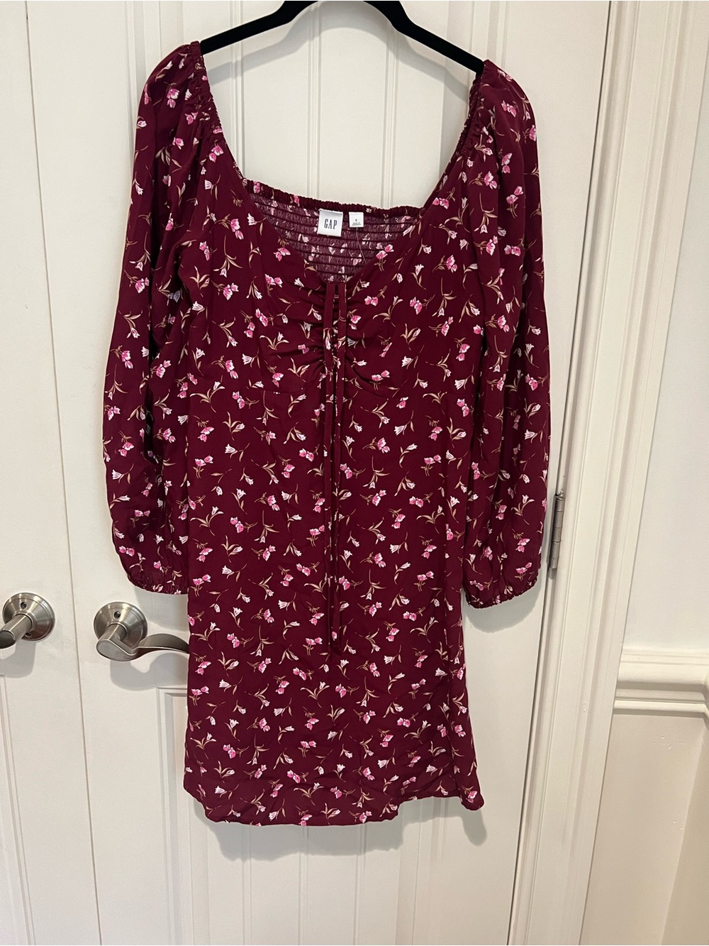 Gap NWT Smocked Floral Mini Dress – Burgundy Long Sleeve Cottagecore - Picture 2 of 8